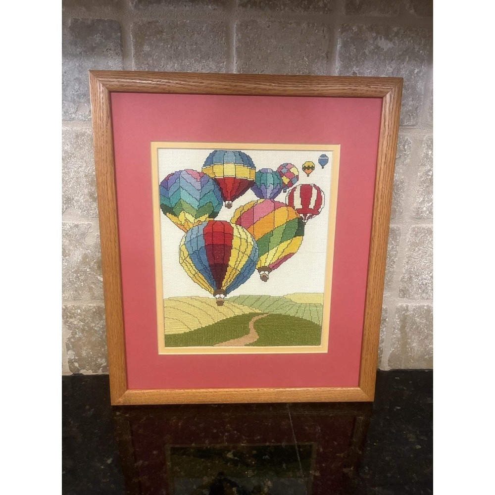 Completed Finished Handworked Cross Stitch Hot Air Balloon Festival Framed 12x15